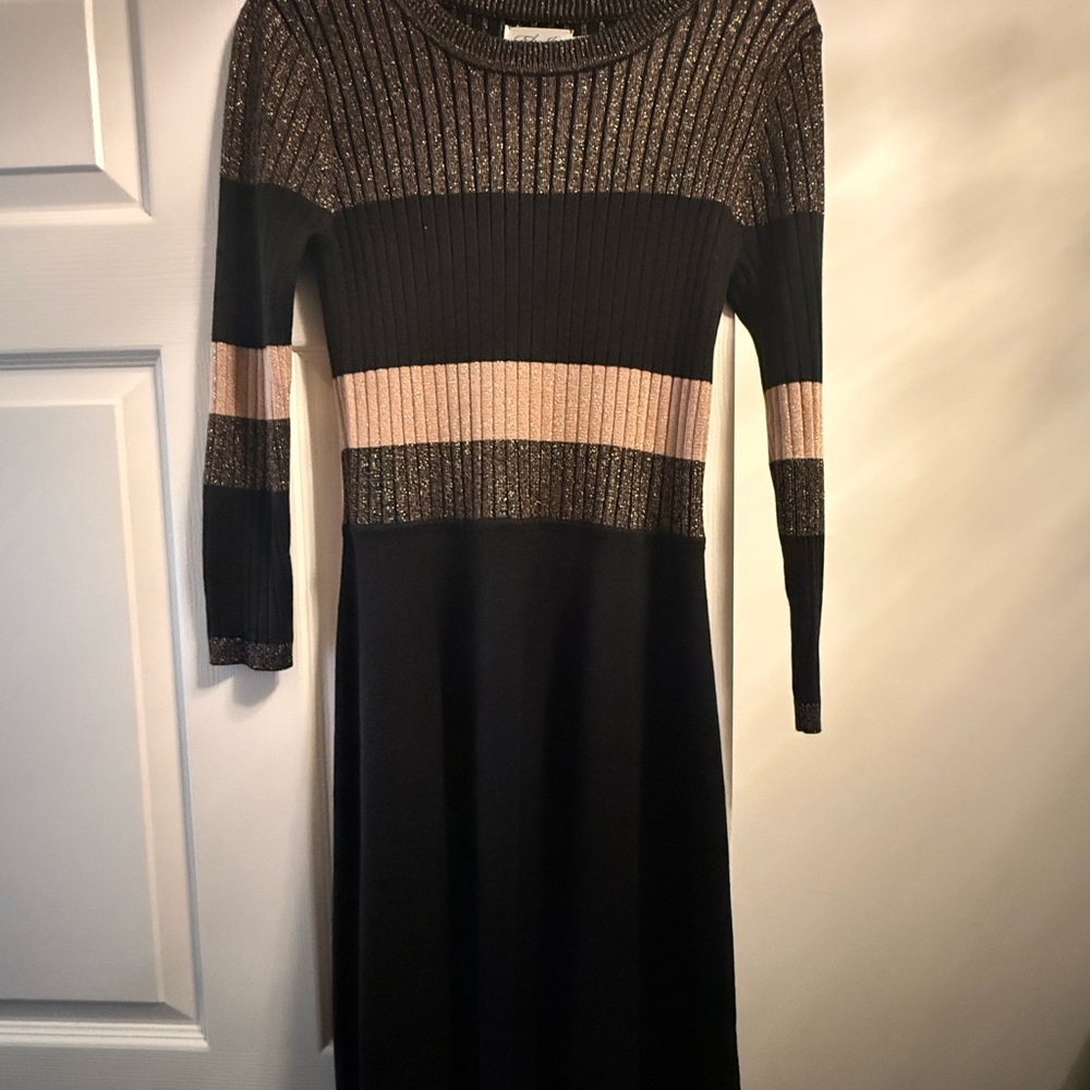 Ribbed Knit Stripe Midi Dress - Black and Pink